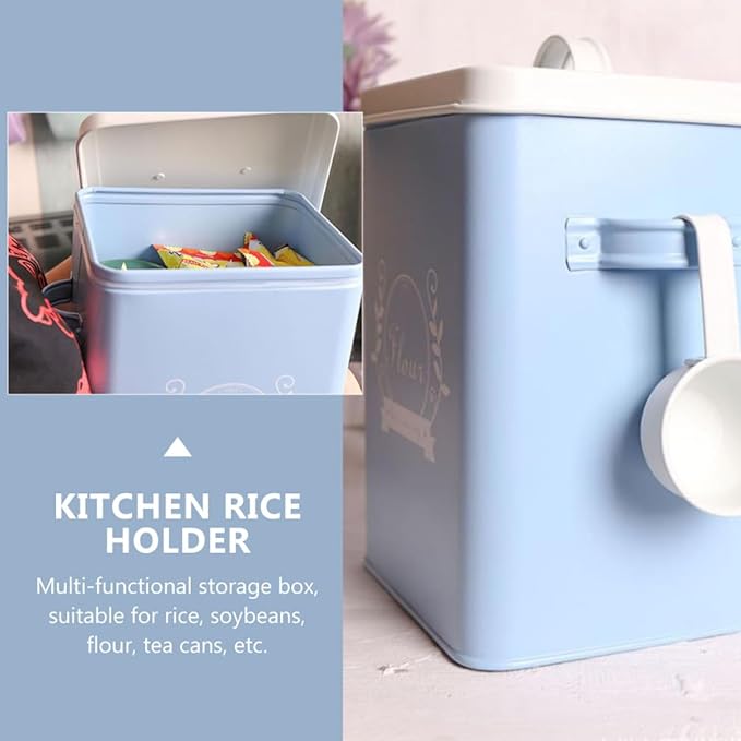 Iron Rice Bucket and Bread Storage Box, Galvanized Metal Kitchen Organizing Container, Blue Multi-function Grain and Snack Storage Bin for Home Use