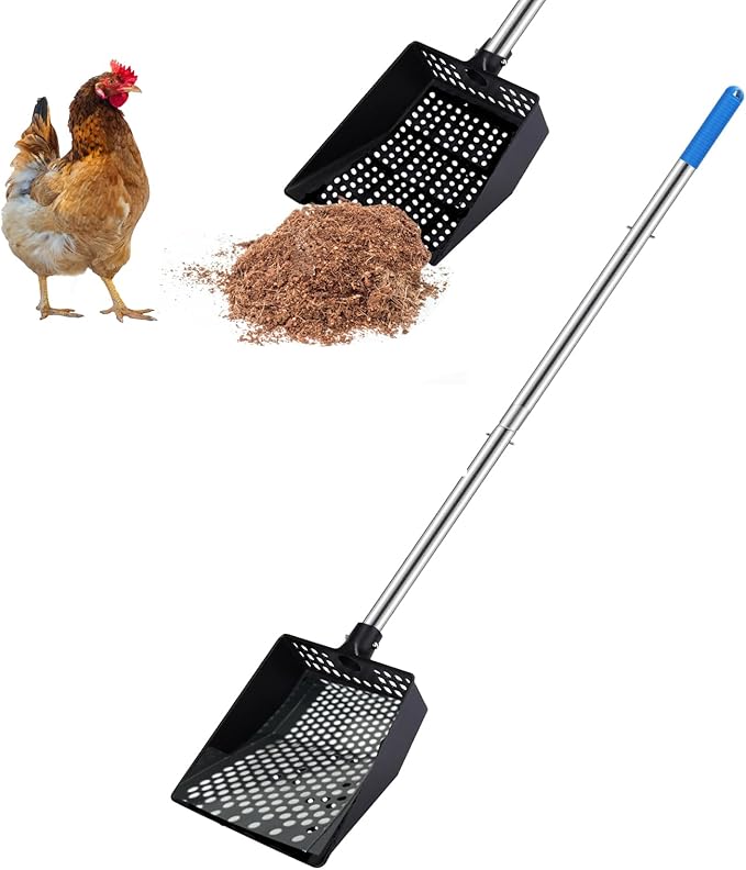 Chicken Poop Scooper,Big Sifting Shovel for Farm Chicken Coop Goat Stall Large,Farm Chicken coop Goat stall Sand Poop Cleaning, Chicken Poop Scooper Rake,Chicken Coop Rake with Long Handle.