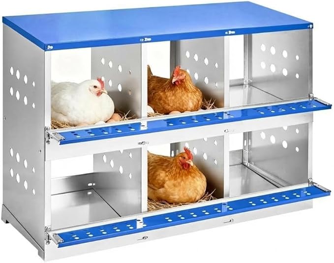 Heavy Duty Metal Chicken Nesting Box – 6 Compartments, Breathable Holes, Resting Platform, Rollaway Design, Wall Mounted/Floor, Rustproof, Easy Clean, Blue, 96×48×71cm, Without Cover