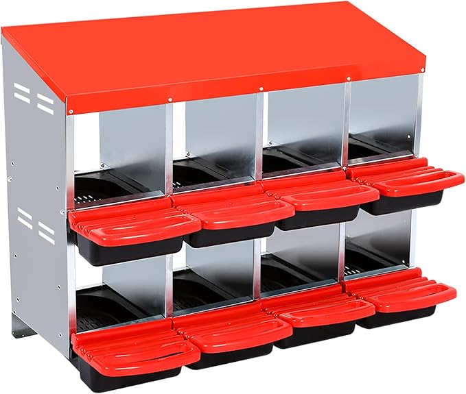 Chicken Nesting Box, 8-Hole Metal Wall Mount Chicken Laying Boxes with Legs and Lid Cover, Easy to Assemble, Roll-Away Egg Design Nesting Boxes for Outdoor Chicken Coop & Farm Yard, Red