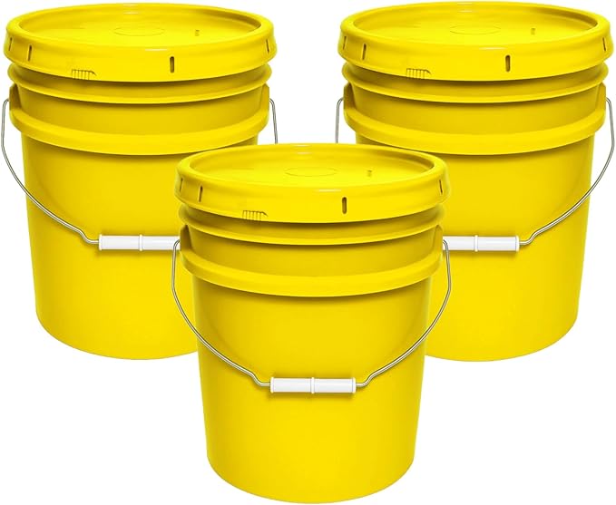 5-Gallon Bucket with Airtight Lid – Made in USA, Food Grade BPA Free Plastic, Heavy Duty Multi-Use, Metal Handle with Grip, Stackable Storage – Yellow, 3 Pack
