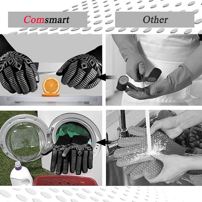 Comsmart BBQ Gloves, Heat Resistant Glove, Silicone Non-Slip Grill Gloves, Fireproof Oven Gloves BBQ Grill Accessories for Grilling, Barbecue, Cooking, Baking, Gray