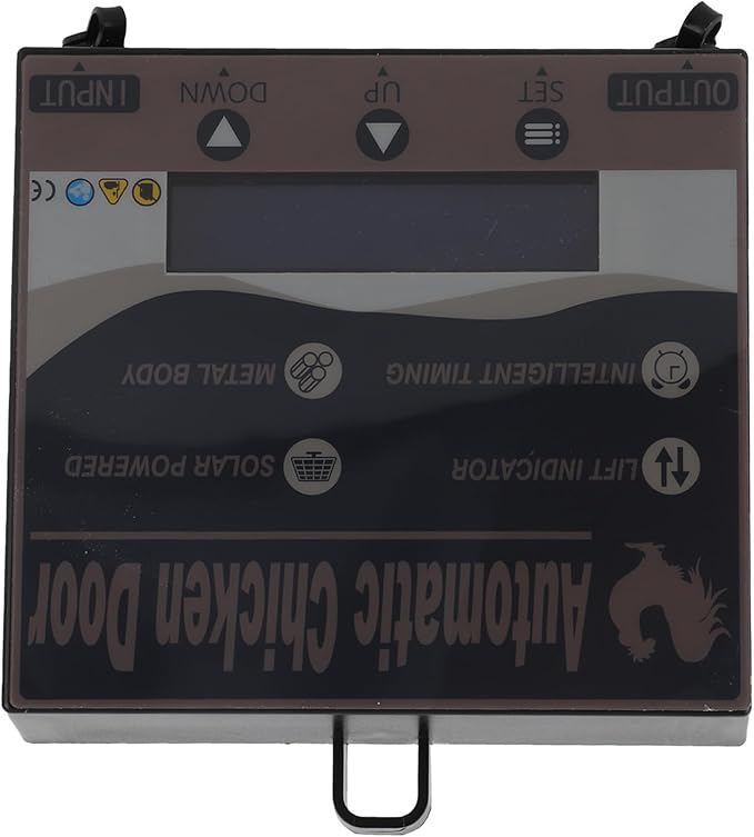 Automatic Chicken Coop Door Solar Powered with Programmable Timer LED Display for Secure Poultry Access Metal and Plastic Construction Two Modes Manual or Time Control