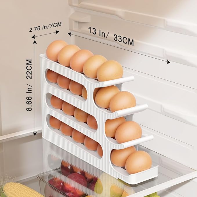 Egg Holder for Fridge, 4 Tiers Auto Rolling Egg Storage Organizer for Refrigerator, Slim Space Saving Container, Dispenser, Egg Roller for Eggs 48 Count