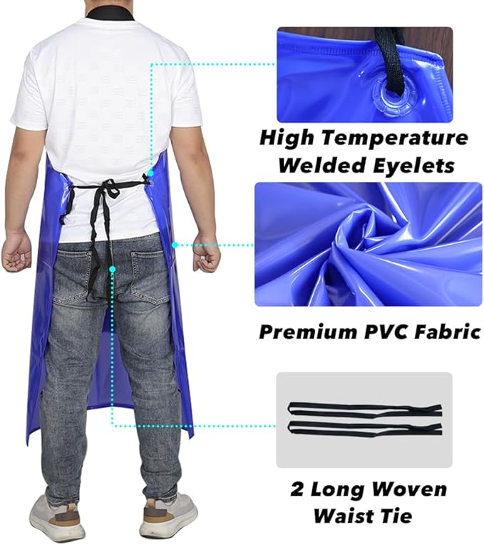 Waterproof Rubber Vinyl Work Apron -42.5" x 33.8" Plus Size Double Reinforced Chemical Resistant PVC Blue Bib Apron
