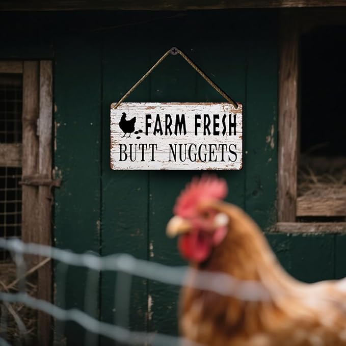Funny Chicken Coop Signs Farm Decor - Farmhouse Kitchen Wall Decor, Rustic Outdoor Chicken Coop Decorations - Farm Fresh Butt Nuggets Sign, Wooden Home Decor Chicken Mom Gifts (6x12 Inch)