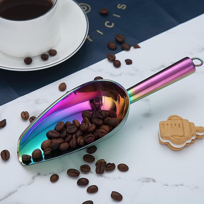 Berglander Stainless Steel Rainbow Ice Scoop 6 OZ, Titanium Colorful Plating Metal Ice Scooper For Ice Maker Multipurpose For Candy Wedding Kitchen Bar Party Pet Animal Dog Food Scoop Beach Shovel