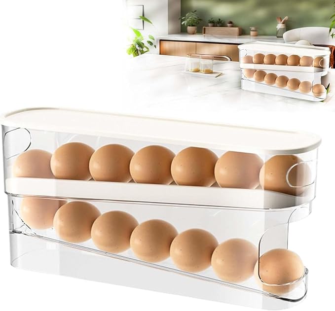 Auto Rolling Egg Holder for Fridge, Space Saving Eggs Dispenser, Sturdy and Durable Egg Traywith Lid, Stackable Fridge Container and Storage for 14 Large Eggs(1PCS)