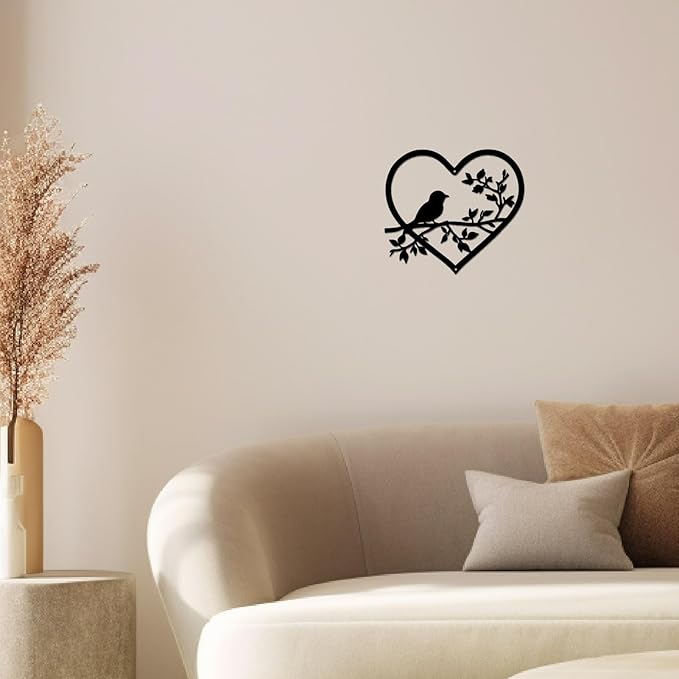 CREATCABIN Metal Bird Wall Art Branch Black Wall Decor Sculpture Birds Love Heart Silhouette Hanging Home Decor Sign Ornament for Home Garden Living Room Bedroom Indoor Outdoor 11.8 x 10.6 Inch