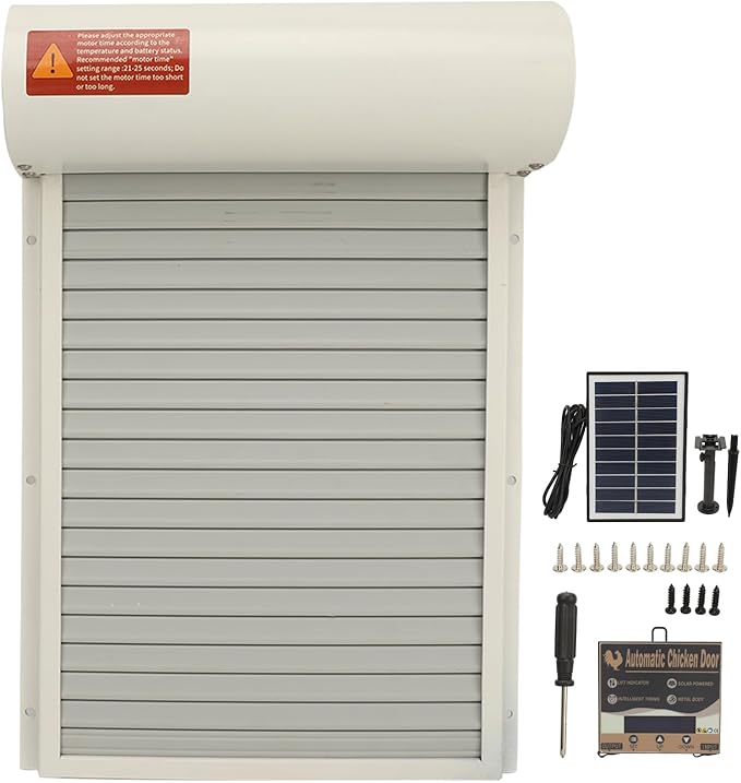 Automatic Chicken Coop Door, Solar Powered Metal Door with Timer Electric Chicken Coop Opener for Chickens Ducks Geese (White)