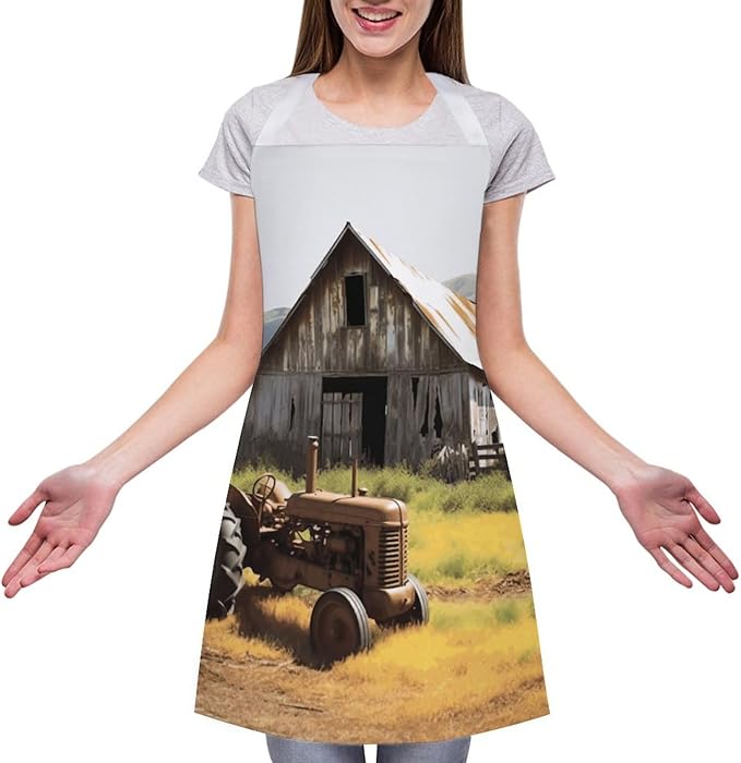 Old Wooden Barn with Rusted Tractor Apron with Pockets Water And Oil Resistant Kitchen Aprons Professional Adjustable Bib Apron for Women Men