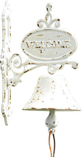 Sungmor Cast Iron Dinner Bell Rustic White Wall Hanging Bell Welcome Sign, Vintage Style Farmhouse Outside Door Bell, Decorative Manually Shaking Doorbell, Indoor Outdoor Wall Mounted Dinner Bell