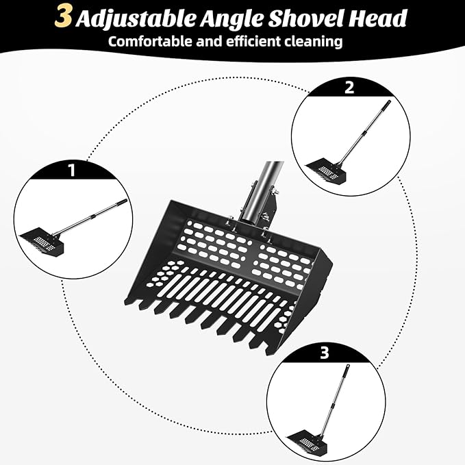 Chicken Poop Scooper & Rake, 2-in- Metal Litter Scoop Sand Sifting Shovel with 28" to 55" Adjustable Stainless Steel Handle for Chicken Coop Accessories/Supplies, Farm, Sheep Pen, Cat Litter, Black