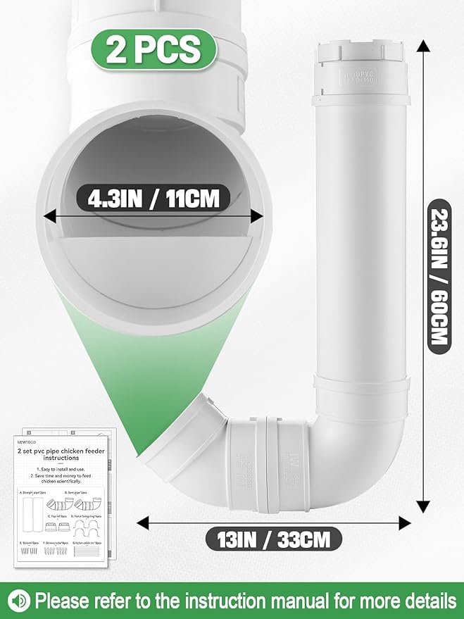 2 Set Automatic Chicken Feeder No Waste - 13 Pounds Large Capacity Heavy Duty PVC Pipe Hanging Chicken Feeder, Poultry Gravity Feed Port for Chicken Long Feeding