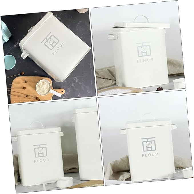 Household Rice Bucket Airtight Multi-function Flour Storage Container Iron Grain Bin for Kitchen Pantry Sealed Food Storage Box for Rice Soybeans and Cereals with Comfortable Grip