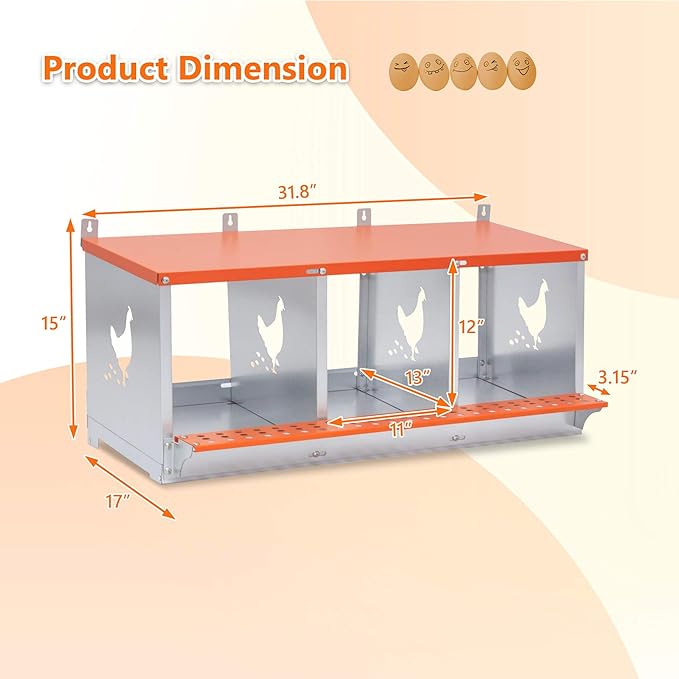 Chicken Nesting Boxes, 3 Rooms Hens Nest Box, Metal Poultry Nest Box Wall Mount for Chickens Egg Laying Box Collection Vented Holes Chicken Coop Cages Equipment, Orange (3 Rooms)