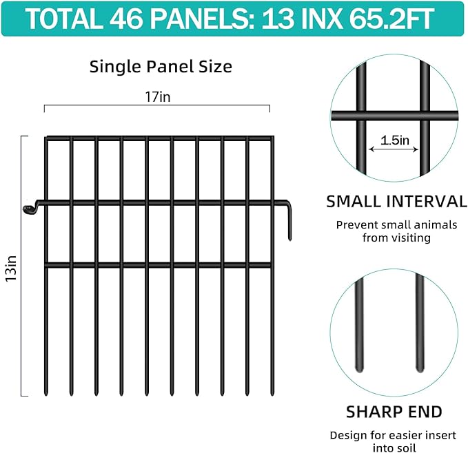 46 Panels Animal Barrier Fence, No Dig Fences, 13in(H) X 65.2ft(L) Garden Fence Animal Barrier for Rabbit and Dog Under Fencing Barrier, Rustproof Metal Fences Border for Outdoor, Yard, Patio