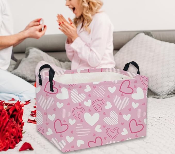 Rectangular Valentine's Day Baskets,Heart Basket,Pink Girls Basket Kids Storage Bin Love Room Decor for Home.(Pink Striped Heart)