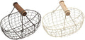 Vintage Rustic Metal Mesh Fruit and Egg Storage Basket Set with Wooden Handles, 2pcs Gray Black and Cream White Farmhouse Style Kitchen Organizer for Countertop and Tabletop Use