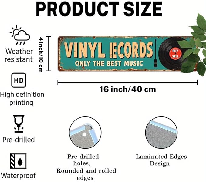 Vinyl Records Metal Tin Sign Vintage Retro Music Wall Decor for Man Cave Bar Studio Garage Game Room 4x16 Inch