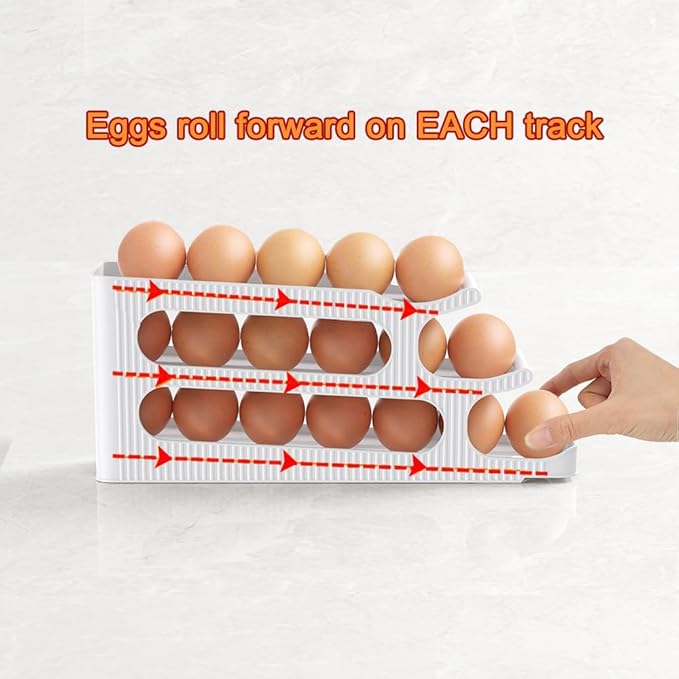 Sotfamily Egg Holder for Fridge, 3 Tiers Auto Rolling Egg Storage Organizer for Refrigerator, Slim Space Saving Container, Dispenser - Egg Roller for Eggs 18 Count