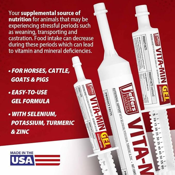 Jeffers Vita-Min Gel for Livestock & Horses – Multivitamin & Mineral Supplement with Selenium, Zinc, Potassium & Turmeric – Easy Oral Gel for Cattle, Goats, Sheep & Pig – 300 cc Tube