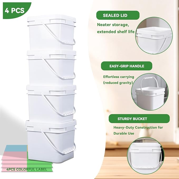 Square Clear Plastic Bucket Set - 4 Packs Airtight Storage Containers with Pressure Lids & Handle, Food Grade for Home & Outdoor (White, 1.3 gal)