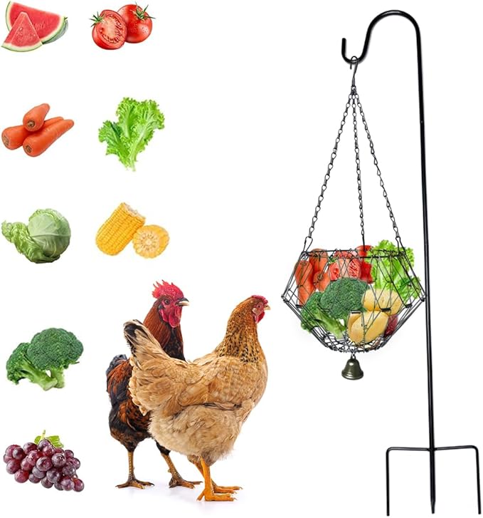 Hanging Chicken Feeder,Chicken Toys for Coop, Foldable Poultry Vegetable Fruits Feeder Basket with Shepherd's Hook, Veggie Treat Ball Boredom Toys for Chicken Coop