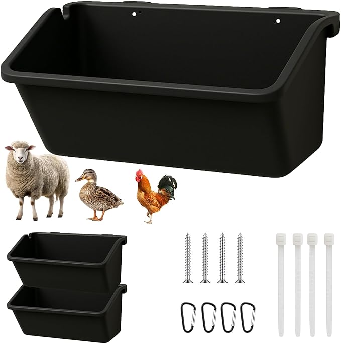 2 Pack Hanging Goat Feeder & Duck Feed Trough, 5 Qt Fence Mounted Livestock Manger – Heavy Duty Plastic Mineral Bucket & Waterer for Sheep, Piglets, Deer & Poultry