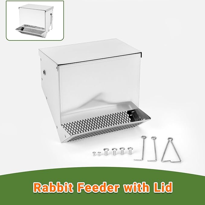 Rabbit Feeders Automatic for Cages,3.5 Pound Large Metal Trough Feeder with Lid Galvanized Steel Outdoor Bunny Food Dispenser for Rabbits Chicken Guinea Pig Pet and Other Small Animals