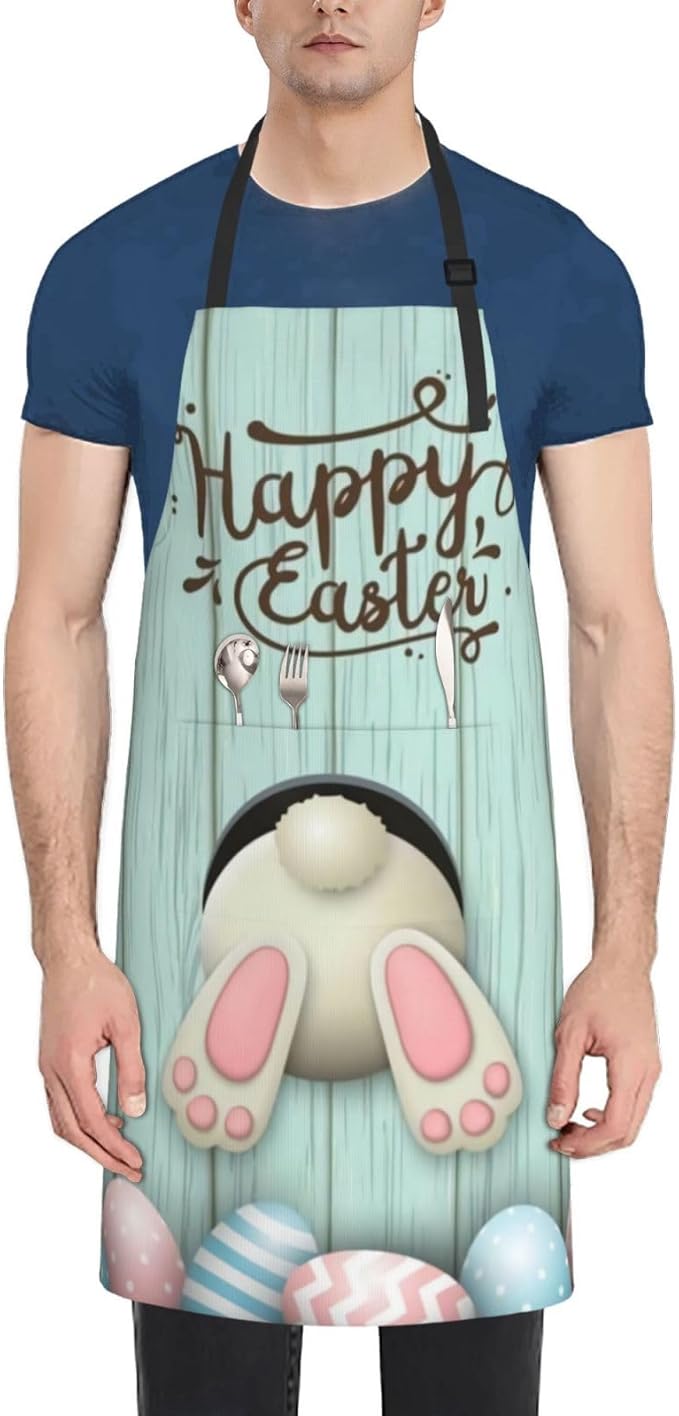 ASYG Cute Easter Rabbit & Eggs Apron Adjustable with 2 Pockets Bunny Easter Gift Kitchen Baking Gardening Work Apron