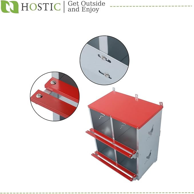 HOSTIC Chicken Nesting Boxes 4 Compartment Metal Poultry Nest Box Wall Mount for Chickens Hens Ducks Large Vented Holes