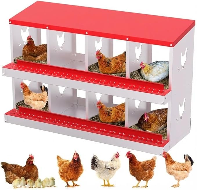 Chicken Nesting Box,8 Holes Galvanized Steel Metal Chicken Laying Box with Automatic Roll-Away Egg Collection System & Removable Tray,Wall Mount Nesting Boxes
