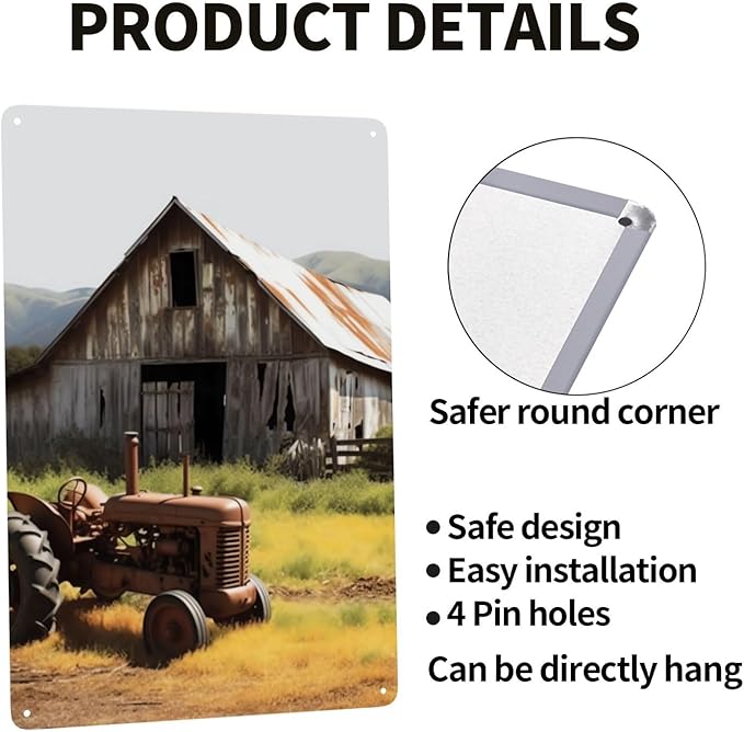 Old Wooden Barn with Rusted Tractor Metal Sign Vintage Tin Signs Retro Wall Art Decor Metal Poster Plaque Garage Bar Patio Wall Decorations Gifts for Men Women 12 X 8 Inches Outdoor & Indoor