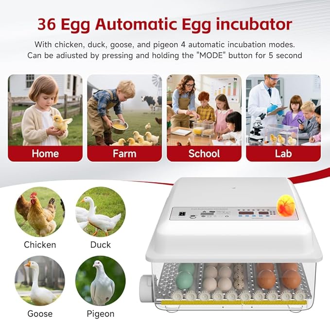 36 Egg Incubator with Auto Turner Humidity Monitor,Incubators for Chicken Duck Goose Pigeon – Digital Temperature Control, Built-in Egg Candler – Ideal for Home Farm Industrial Use (White)