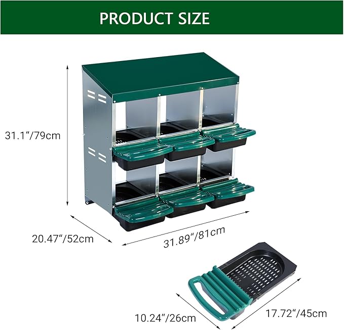 Chicken Nesting Boxes, 6 Holes Metal Chicken Egg Laying Box with Swing Perch and Rollout Egg Collection,for Various Chicken Breeds Without Stand - Green 0.6mm
