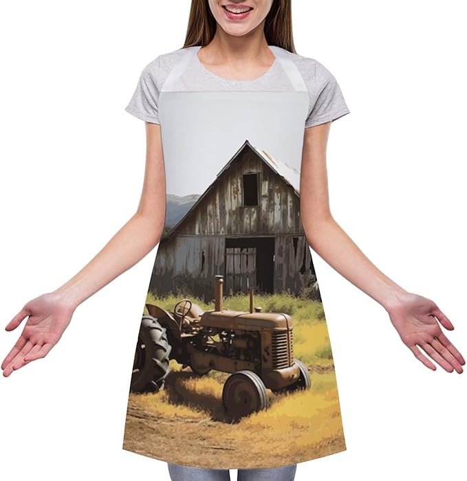 Old Wooden Barn with Rusted Tractor Cooking Aprons for Women Men Waterproof Bib Apron with Pockets Adjustable Kitchen Chef Apron