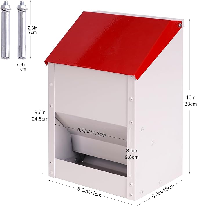 Galvanized Wall Mount Chicken Feeder No Waste Hanging Chicken Feeder with Lid Weatherproof Metal Automatic Poultry Feeder Trough Food Dispenser for Outside Coop (10 lbs)
