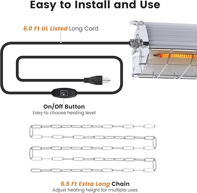 600W Hanging Heater for Poultry Chicken Coop Pet House Livestock Greenhouse, 2 Heating Mode with Adjust Height, 3S Fast Heating
