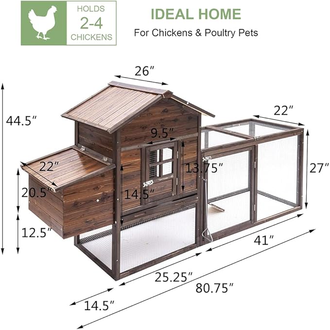 Wooden Chicken Coop, 80IN Outdoor Chicken Cages and Run with Nesting Boxes for 2-4 Chickens, Hen Run Poultry Pet House Rabbit Hutch with Waterproof Roof & Removable Tray for Backyard Poultry (ONE)