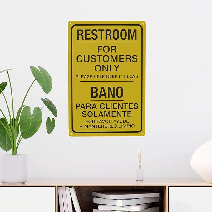 Restroom For Customers Only Please Help Keep It Clean Bilingual Metal Warning Sign, Caution Security Poster for Road Street Home Business Wall Decor Safety Tin Signs 12 x 8 Inches