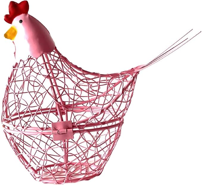 Iron Wire Hen Shape Egg Basket, Egg Holder Farm Fresh Egg Storage Container Decorative, Chicken Decoration for Kitchen Dining (Red)
