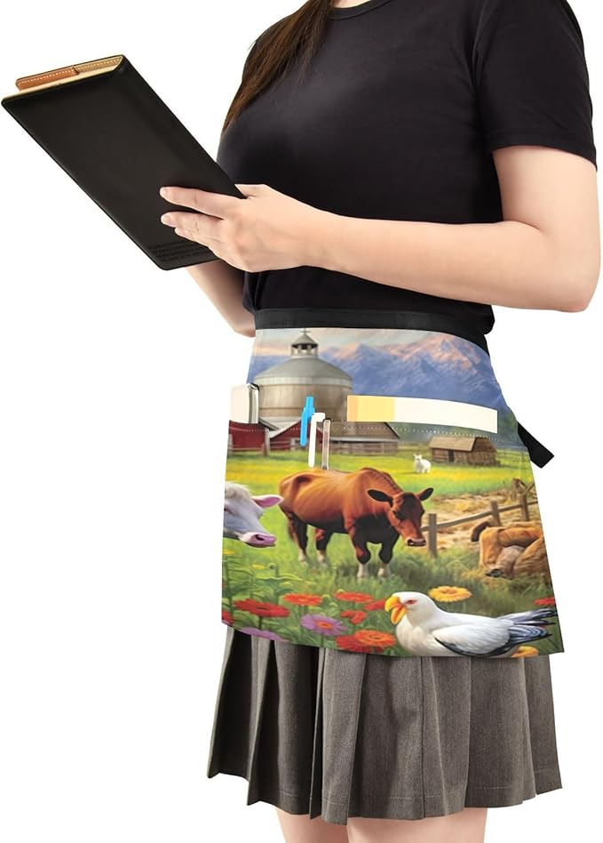 Farmhouse Animals Waist Apron with 3 Pockets Water & Oil Resistant Short Waiter Apron Server Waitress Half Apron for Cooking Gardening