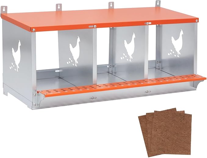 6 Bay Orange Metal Nesting Box, Wall Mount Chicken Nest for Hens & Ducks, Heavy Duty Galvanized Steel with Hen-Shaped Vents & Coconut Fiber Pad, Easy Assembly (Orange/Silver)