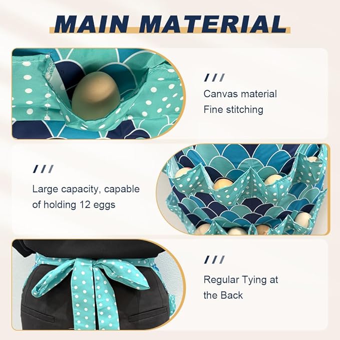 Egg Apron, Egg Collecting Apron with 12 Pockets for Fresh Eggs - Gathering Eggs from Chickens, Ducks, and Geese