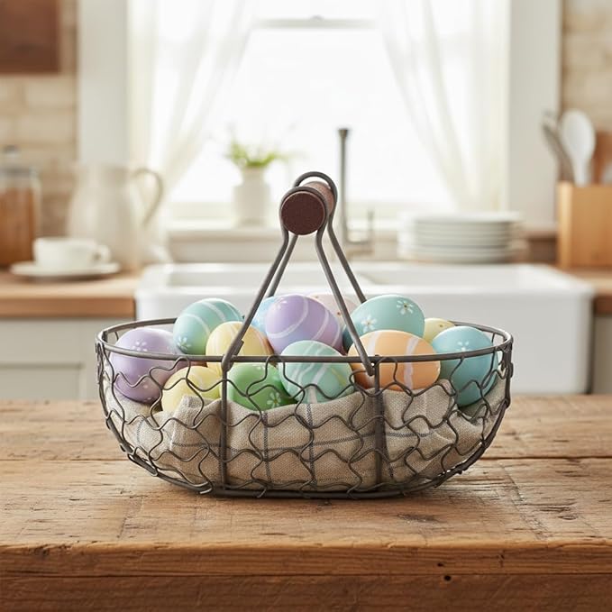 DOITOOL Egg Basket for Fresh Eggs with Wooden Handle Vintage Style Kitchen Storage Basket for Fruit Bread and Countertop Organization 4.68 Inch Compact Size