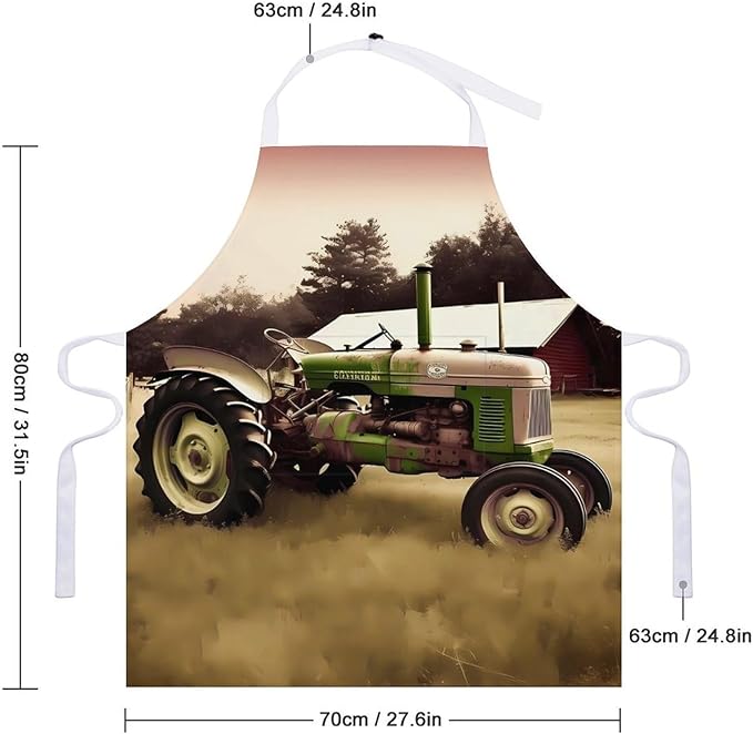 Old Tractor Photo Farm Chef Apron for Men Women with 2 Pockets Water & Oil Resistant Bib Aprons Adjustable Neck Strap & Long Ties Work Apron for Cooking Grilling Serving Crafts Gardening