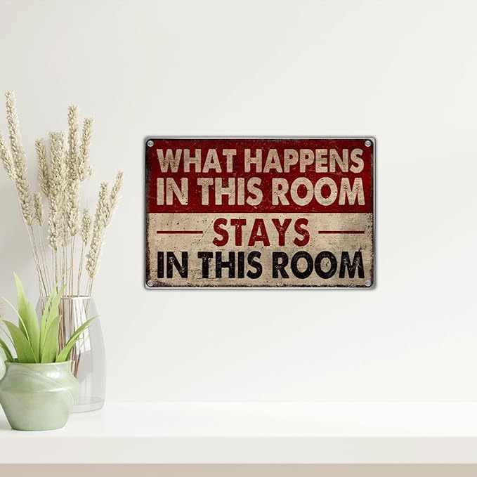 Funny Room Wall Decor Metal Sign What Happens In This Stays Vintage Style 12 x 8 Inch Bedroom Dorm Man Cave Door Decoration For Men And Women Aluminum Art Kitchen