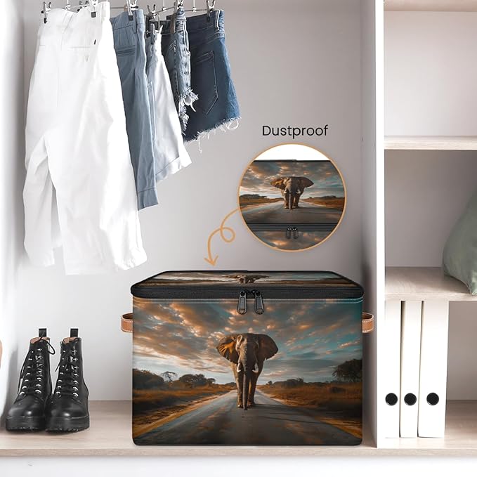 Elephants Storage Bins With Lids Fabric Collapsible Storage Box with Leather Handles for Home Bedroom Foldable Closet Shelf Organizer