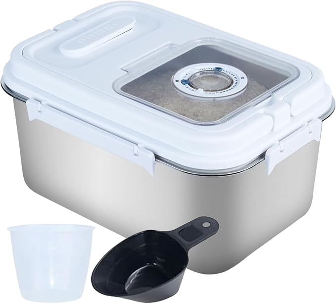 Saim 20Lbs Stainless Steel Rice Containers,Metal Flour Bin, Food Storage Container with Silicone Airtight Lid and Scoop, Measuring Cup/Portable Rice Dispenser for Dry Beans,Oatmeal and Grains (20Lbs)
